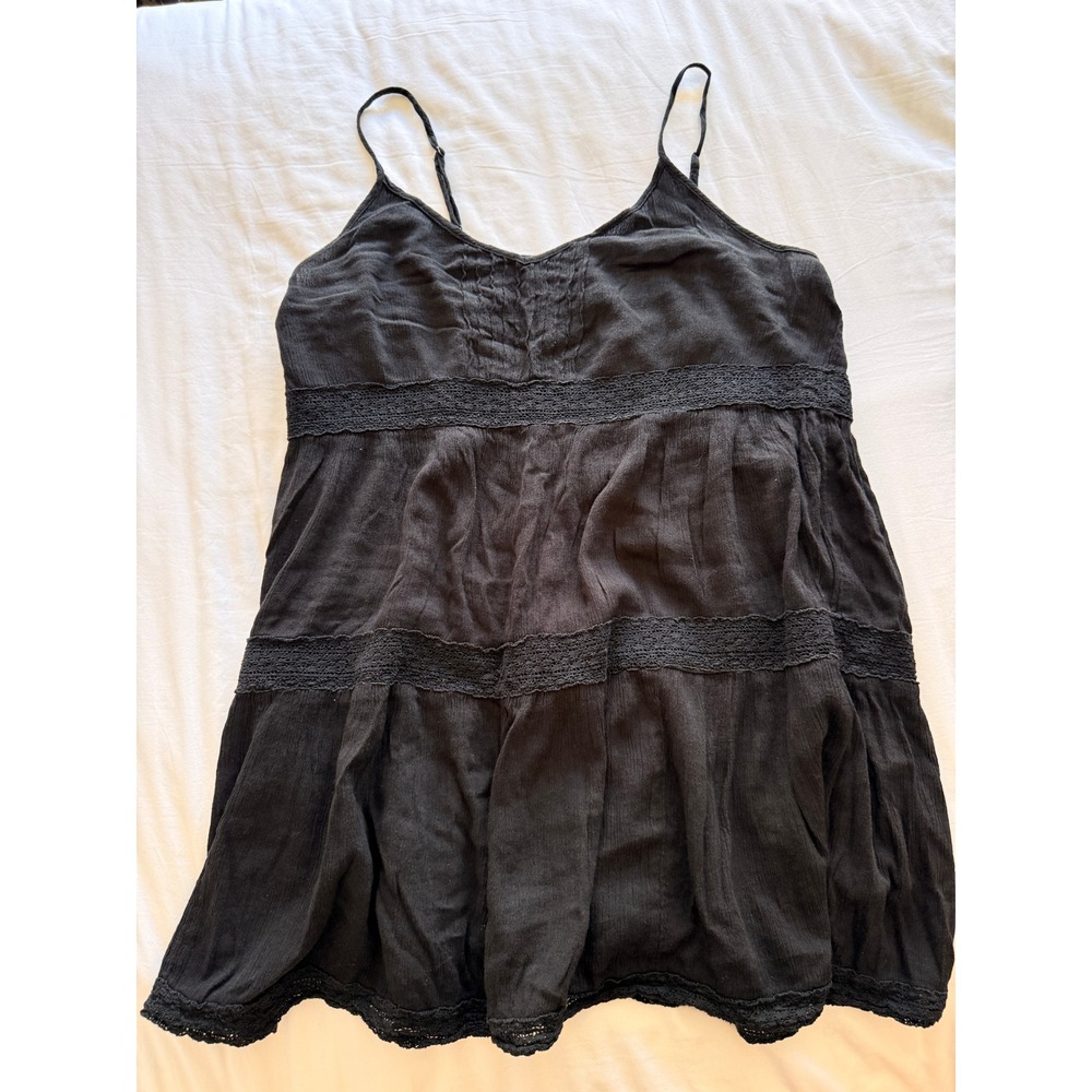 Black Mini Summer Dress Crochet Lace Trim Boho Summer Sun Dress Adjustable